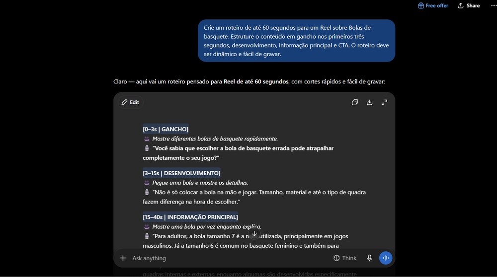 É possível solicitar ao ChatGPT para adaptar diferentes pontos do roteiro — Foto: Reprodução/Gabriel Pereira
