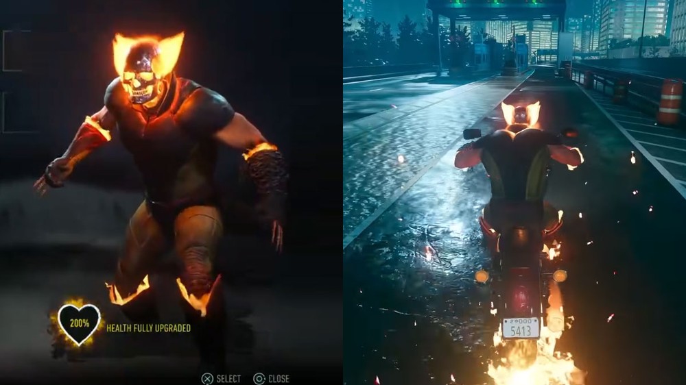 A skin Hellverine em Marvel's Wolverine adiciona um efeito nas fases de moto do game reproduzindo as rodas de fogo do Motoqueiro Fantasma — Foto: Reprodução/Webz, Dan Allen Gaming