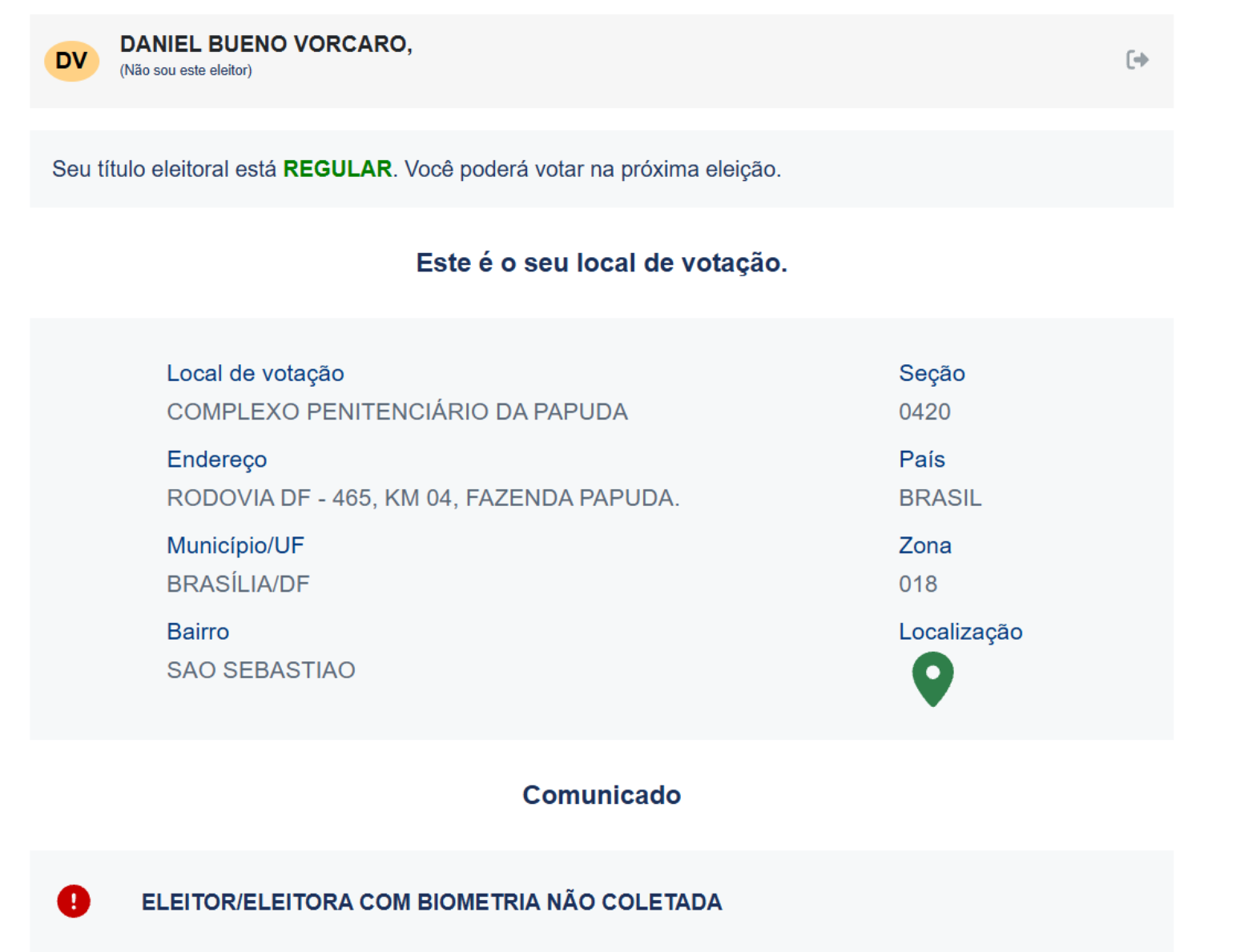 Captura de tela da consulta de local de votação disponibilizada pelo Tribunal Superior Eleitoral mostra novo local onde Daniel Vorcaro vai votar em 2026