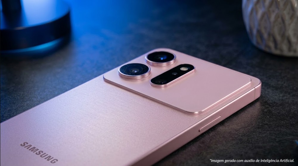Possível Galaxy S27 Ultra na cor rosa bebê — Foto: Arte/TechTudo (imagem criada com o auxílio de IA)