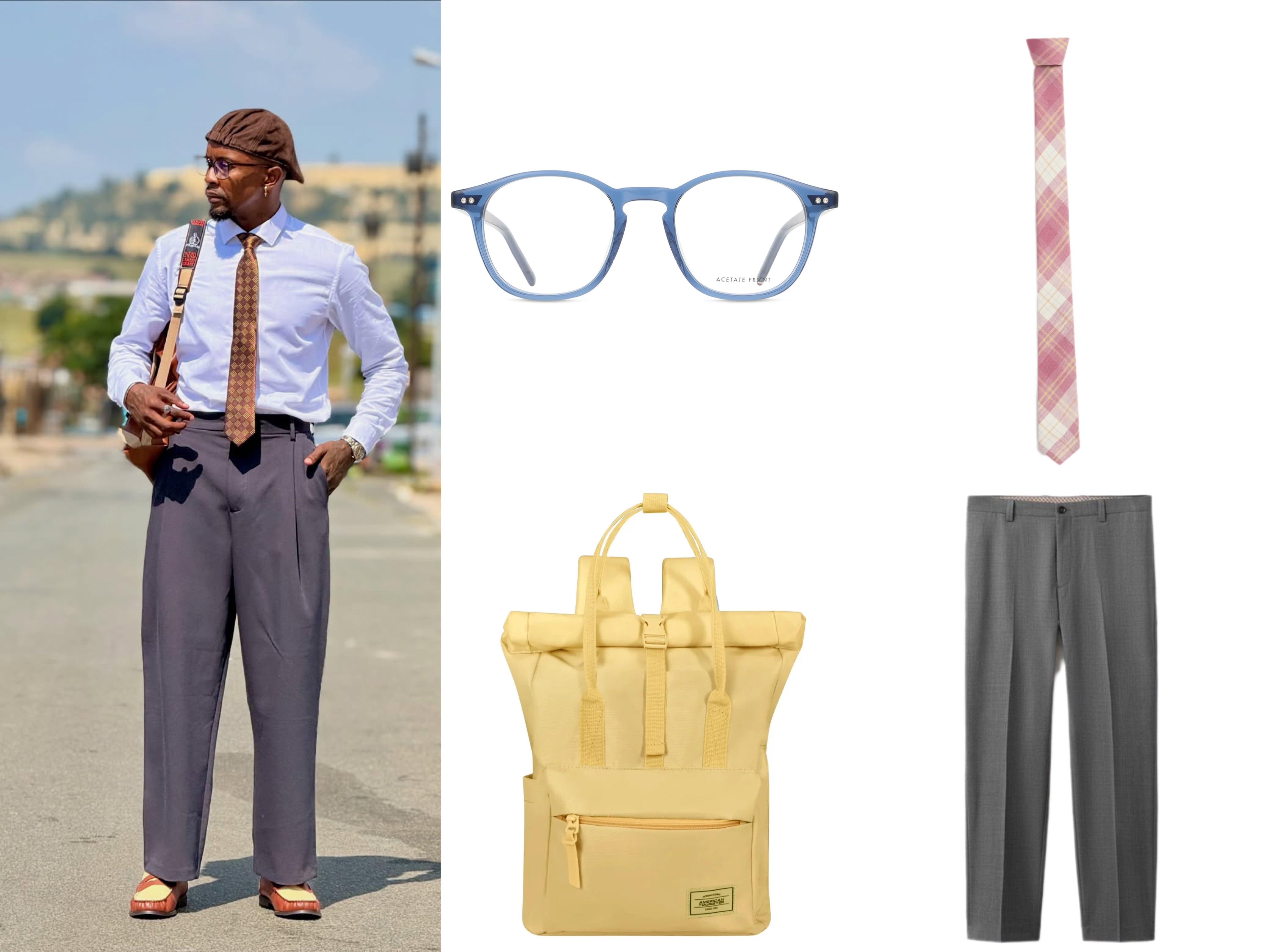 Clockwise: 1. Tommy Hilfiger glasses, SmartBuyGlasses, R1,099. 2. Unisex pink check tie, The Fix, R109. 3. Urban Groove city backpack, American Tourister, R999 4. Ricardo trousers, Mango, R1,899. Picture: Instagram/@LindaMntambo