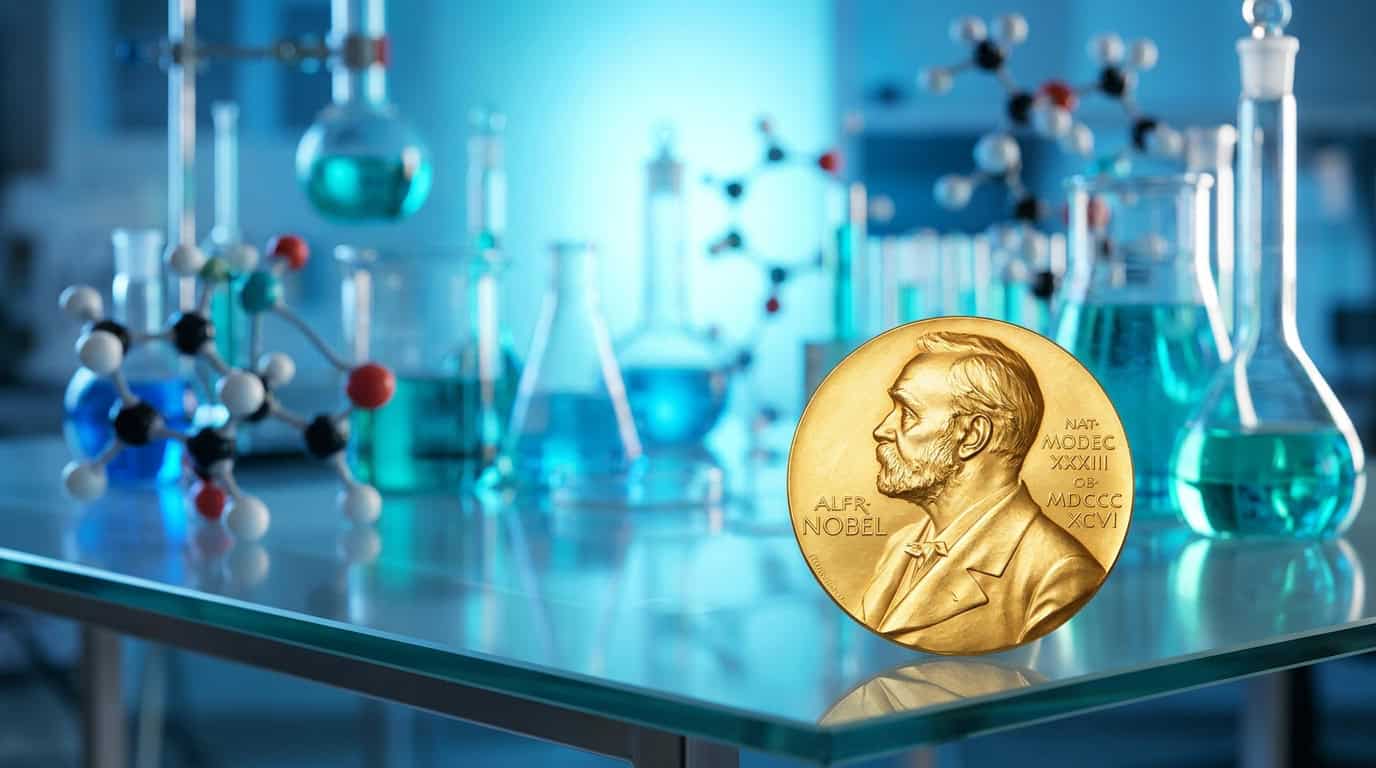 A medalha de ouro do Prêmio Nobel em primeiro plano desfocado sobre uma bancada de laboratório com béqueres e frascos iluminados ao fundo.