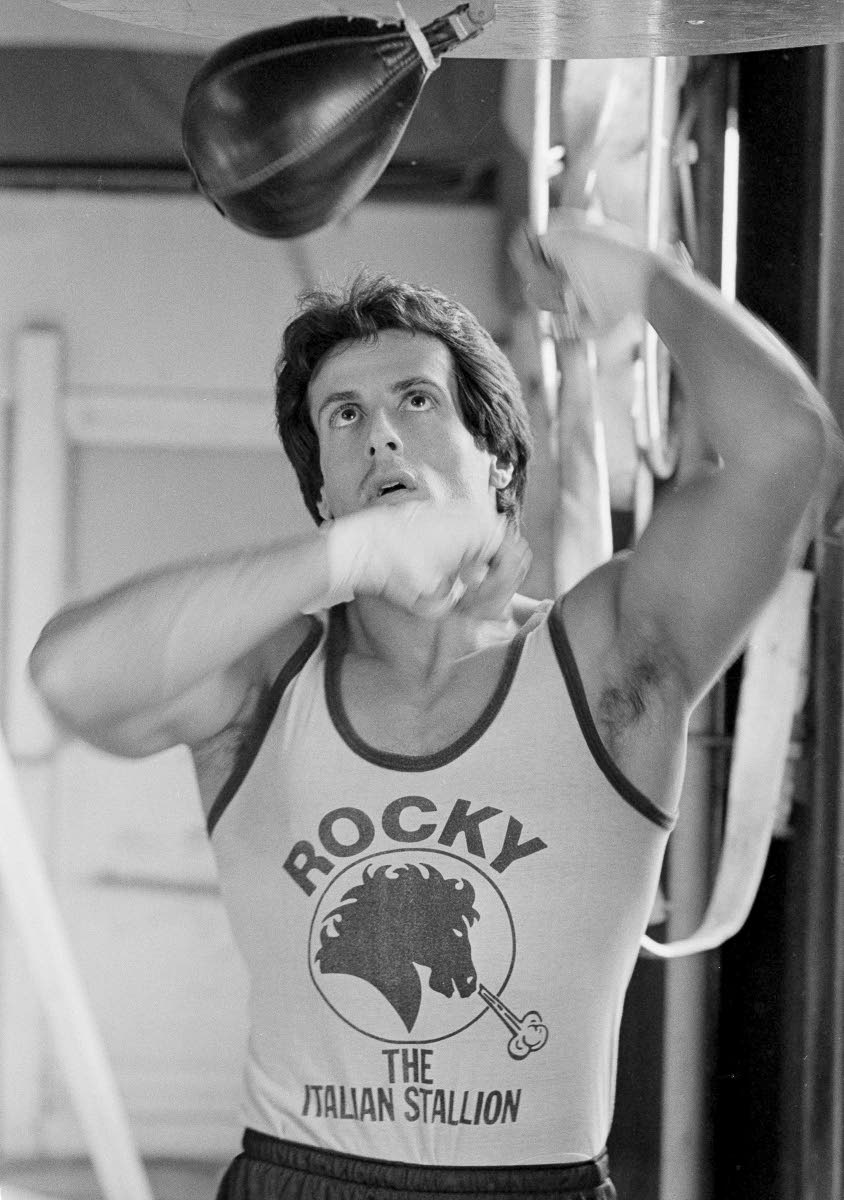 AP Sylvester Stallone works over a punching bag in Los Angeles on February 9, 1981.