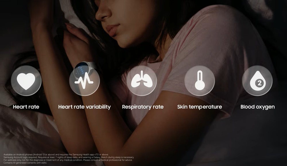 Galaxy Watch monitora dados como frequência cardíaca, variabilidade dos batimentos, respiração, temperatura da pele e oxigenação durante o sono. — Foto: Reprodução/Samsung