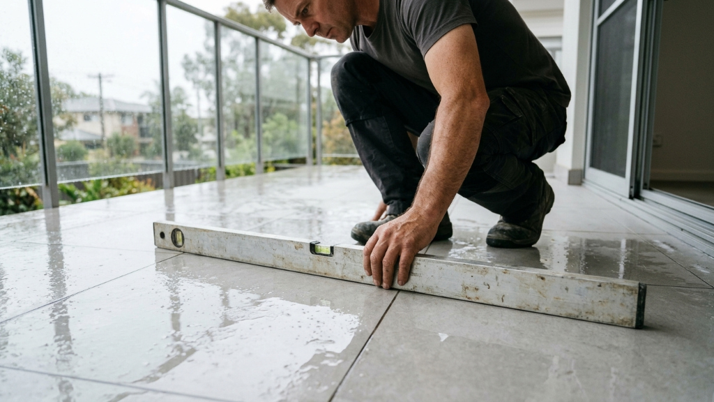 Casal coloca porcelanato polido na área externa e, na primeira chuva, o piso vira um ringue de patinação