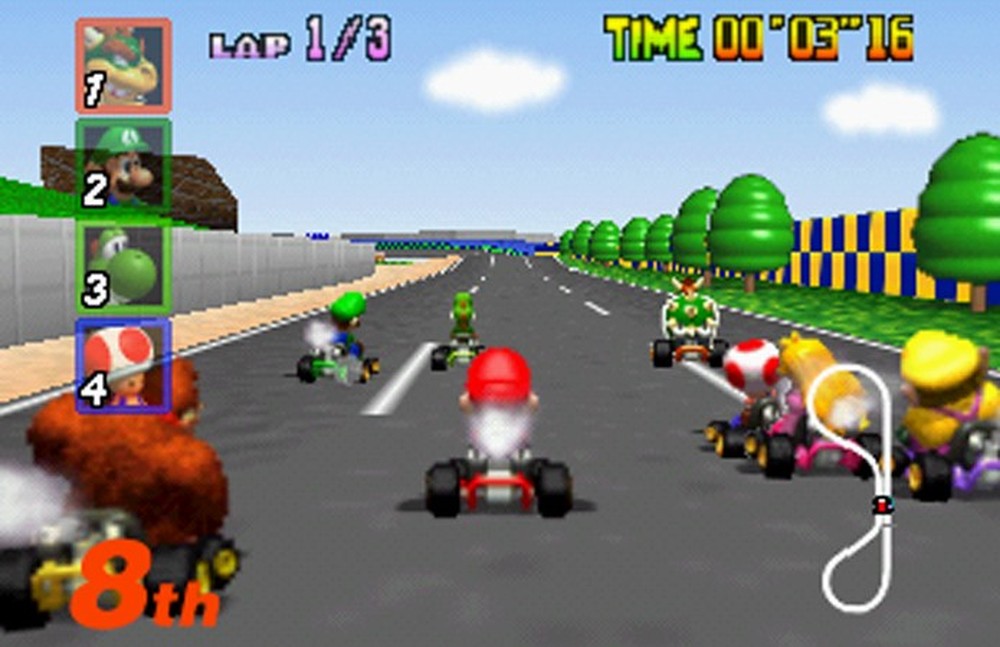 Os personagens de Mario Kart 64 eram 2D para não causar lentidão quando estão todos na tela — Foto: Reprodução/YouTube