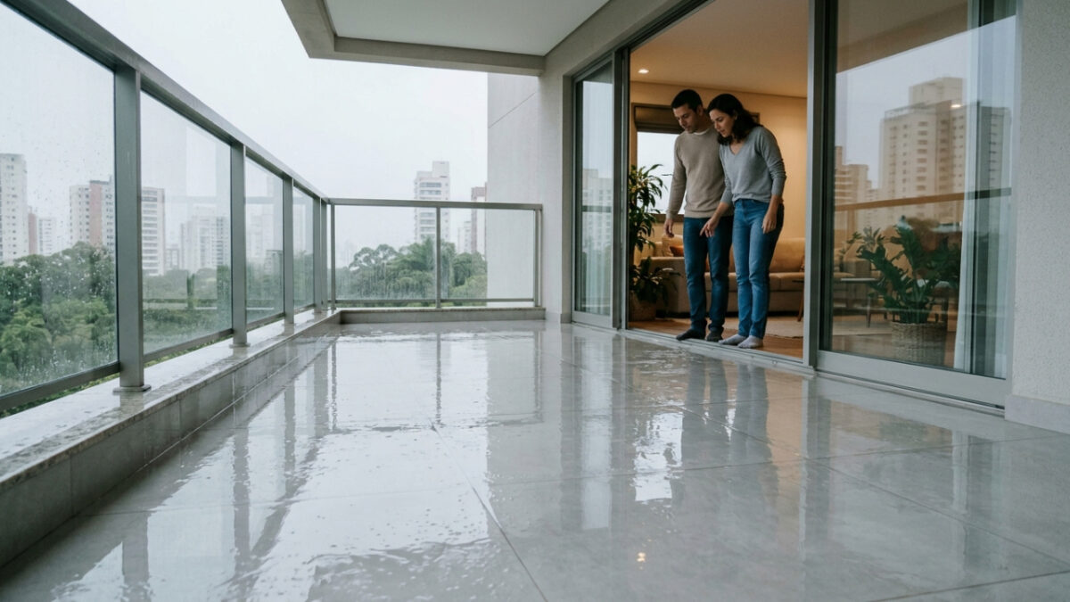 Casal coloca porcelanato polido na área externa e, na primeira chuva, o piso vira um rinque de patinação