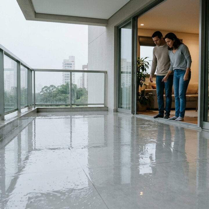 Casal coloca porcelanato polido na área externa e, na primeira chuva, o piso vira um rinque de patinação