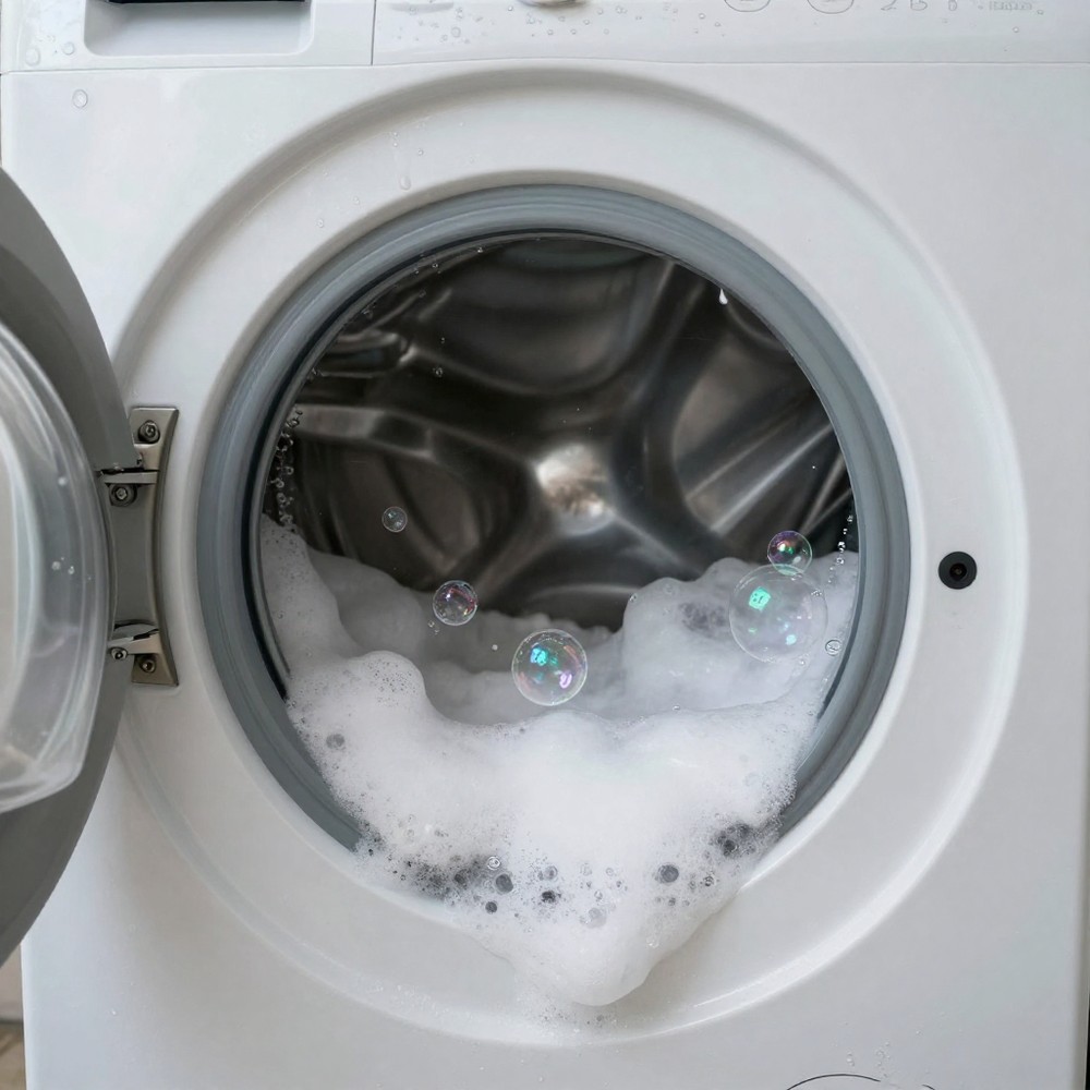 O excesso de espuma provocado pela quantidade errada de sabão pode comprometer o enxágue das roupas — Foto: Reprodução/Freepik (IA)