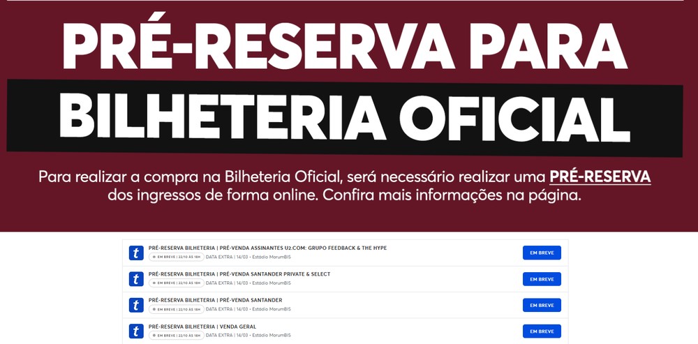 As pré-vendas e a venda geral do U2 têm horários diferentes para os shows de 10, 12 e 14 de março de 2027. — Foto: Reprodução/Ticketmaster